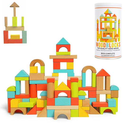 MOD 100-Piece Wood Building Blocks Set — Includes Heavy Duty Shape-Sorter Lid & Storage Bucket Pastel Color Wooden Blocks, Educational Screen-Free Toy for Toddlers Ages 1 2 3