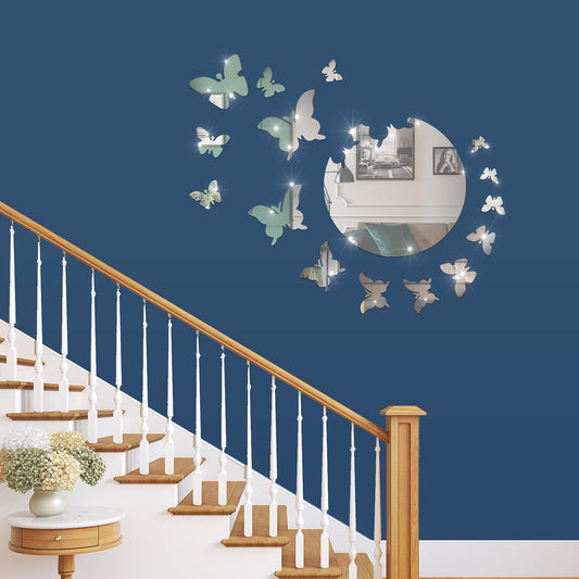 17 Pieces 3D Acrylic Mirror Wall Decor Stickers Butterfly Mirror Wall Stickers DIY Removable Butterfly Decals for Home Living Room Bedroom (Silver)