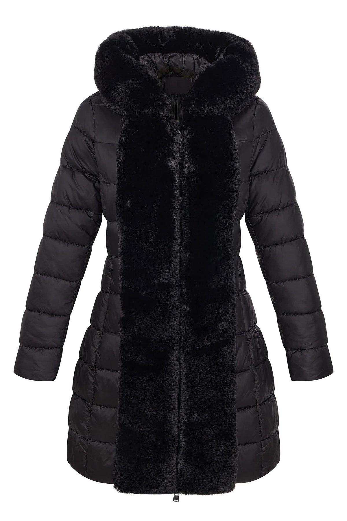 Bellivera Women Faux Leather Winter Trendy puffer jacket water-resistant Thicken Bubble Coat with Fur Hood and Belt 083 BLACK XL