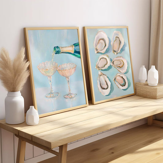 2Pcs Oyster Shell Wall Art Funky Bar Cart Cocktail Wall Decor Pictures Pastel Blue Wine Champagne Posters Print Girly Coastal Aesthetic Beach House Apartments Decoration Unframed 16x24in