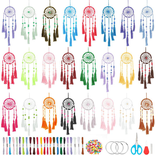 INFUNLY 24PCS DIY Small Dream Catcher Kits for Beginners Colorful Handmade Dreamcatcher Kit for Starters DIY Mini Ornament Making Kit for Bedroom Car Mirror Keychain bag Bohemian Decoration Craft Gift