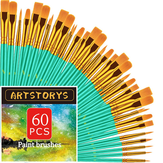 Paint Brushes Set, 60 Pcs Paint Brushes for Acrylic Painting, Oil Watercolor Acrylic Paint Brush, Artist Paintbrushes for Body Face Rock Canvas, Adult Drawing Arts Crafts Supplies, Green