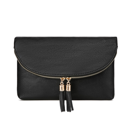 Solene Women's Envelop Clutch Crossbody Bag With Tassels Accent (WU075-Black)