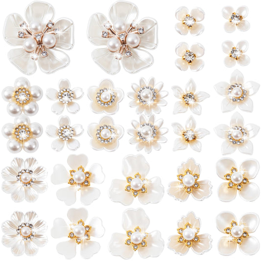 HINZIC 28pcs Flower Pearl Buttons Rhinestone Embellishments, Flatback Faux Pearls Flowers for Crafting, Sparkly Rhinestone Buttons Floral Pearl Applique for DIY Decor Wedding Jewelry - White