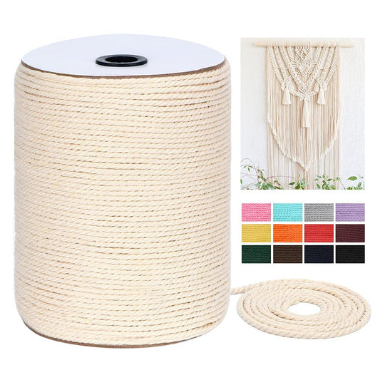 Macrame Cord 5mm x 165Yards, Natural Cotton Macrame Rope - 3 Strands Twisted Macrame Cotton Cord for Wall Hanging, Plant Hangers, Crafts, Gift Wrapping and Wedding Decorations