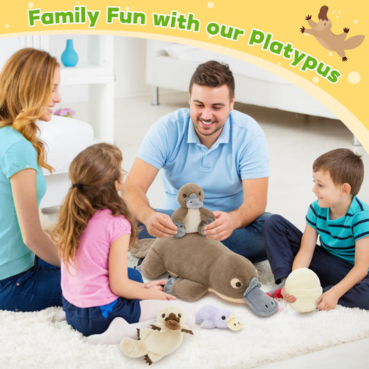 Tezituor 21" Platypus Stuffed Animal with 3 Babies & 2 Eggs, Cute Realistic Platypus Plush Toys for Kids, Christmas, Easter, Birthday, Party and Decorations