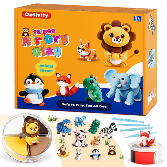 Air Dry Clay Kit for Kids, 12 Animal Crafts Modeling Clay Model Magic, Clay Kits with Sculpting Tools & Tutorials, Safe & Non-Stick DIY Art Crafts, Toys Gift for Ages 3-12 Boys & Girls