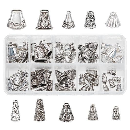 PH PandaHall 60pcs 10 Styles Cone Bead Caps, Tibetan Style Alloy Flower Bead Caps Spacers Tassel End Cap for Earring Necklaces Keychain Pendants Jewelry DIY Crafts Making, Antique Silver