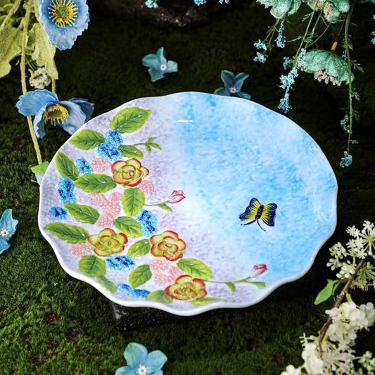 Handmade Relief Painted Ceramic Plates with Lifelike Floral & Butterfly Patterns, Smooth Glossy Decorative Serving Plates for Salads, Snacks, Fruits & Appetizers, Warm Cozy Home Dining Ambiance