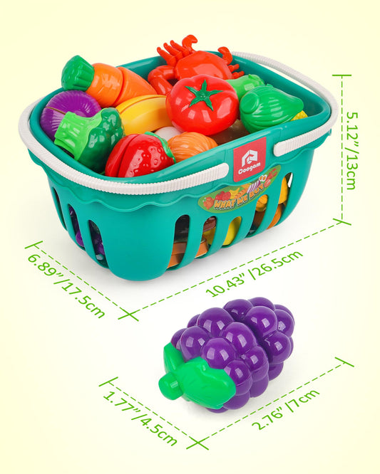 Coogam Pretend Play Food Kitchen Accessories for Kids, Fake Fruits Meats Vegetables Cutting Food with Shopping Storage Basket for Preschool Activities, Daycare Educational Toy for 3 4 5 Years old Kids