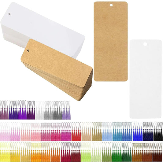 Kraft Paper Bookmarks Set, BetterJonny 200Pcs White and Brown Unfinished Craft Bookmarks with 200Pcs Colorful Tassels DIY Cardstock Blank Bookmark Gifts Tags for Wedding Birthday Party Decor