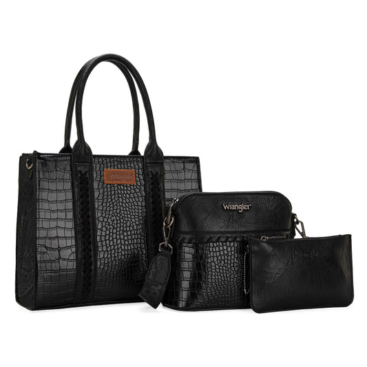 Wrangler tote bag for womens purses and handbags for women Crocodile black satchel bags 3pcs purse set gifts medium crossbody with guitar strap WG3-B8321BK
