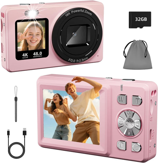 BILEBAK 4K 48MP 18X 32GB Digital Camera, Autofocus Dual Screen for Selfies, Zoom Fill Light, Portable Point and Shoot