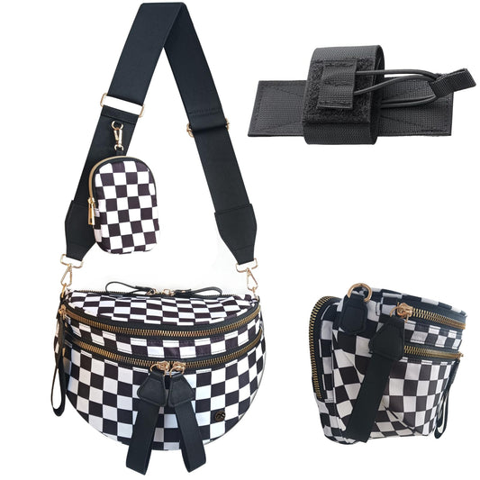 Security Carry Bum Bags Checkered Crossbody Fanny Packs Diaper Bag with RFID Pouch for CCW, EDC& Outdoor (Black+white)