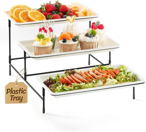 Lifewit 3-Tier Serving Tray - White Plastic Dessert Display Stand with Black Metal Frame | 30 x 17 cm