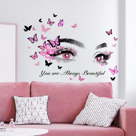 Beautiful Eyelash Eyes Wall Stickers Flying Butterfly Wall Decals You are Always Beautiful Quotes Wall-Decor Vinyl Art Butterflies Decor Stickers for Women Girls Bedroom Living Room Decor