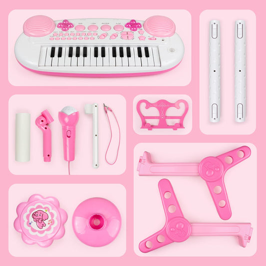 Kids Piano Keyboard Toys, 31-Keys Piano for Toddler Ages 3-5-9, Educational Toys with Microphone, Stool, Portable Multifunction Electronic Musical Instrument, 3+Year Old Girls Birthday Gift Ideas-Pink