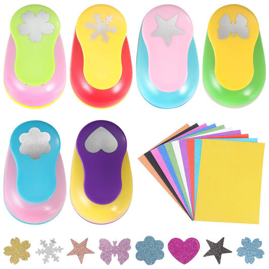 Regilt 6 Pcs Colorful Craft Hole Punch with 10 Glitter Cardstock Papers, Decorative Scrapbook Paper Puncher Set, Different Shape Paper Hole Puncher Set for Office Supplies (6 Pcs- Different Shapes)