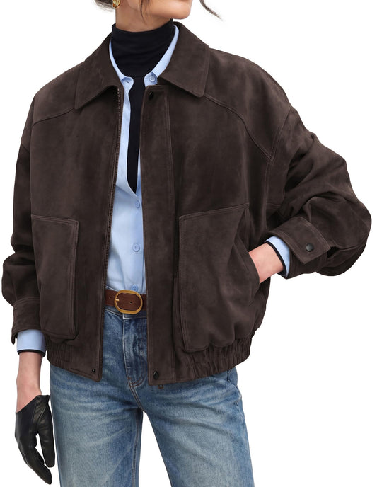 GRACE KARIN Women's Faux Suede Jacket Fall Long Sleeve Coat Coffee XL