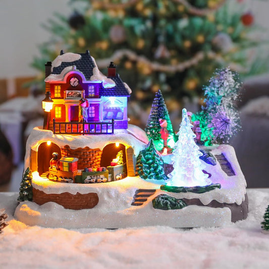 Wonder Garden Christmas Village Houses - Lighted Musical Railway Station with Moving Train & Animated Figurines for Indoor Decor