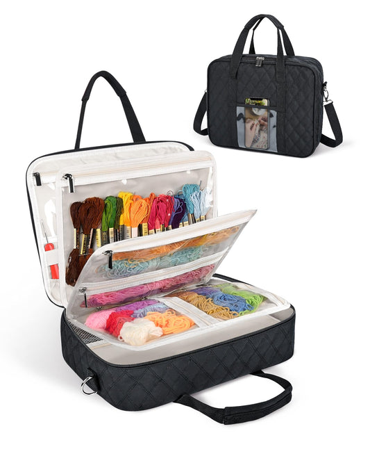 Telawsfun Sewing Supply Storage Bag with Removable Binder, Large Capacity Sewing Organizer Tote With Multi Pocket for Threads, Needles, Scissors, Craft Supplies (Black)