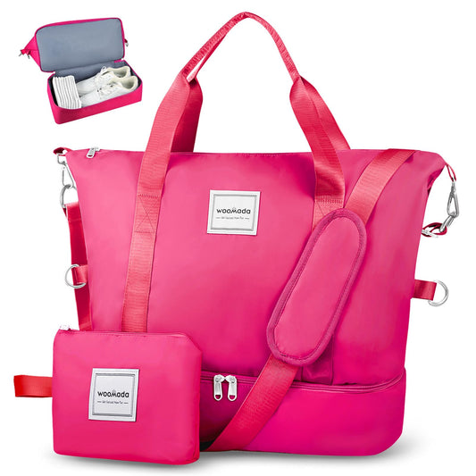 WOOMADA Weekender Bag for Women, Travel Duffel with Shoe Compartment & Wet Pocket, Personal Item & Overnight Bag for Airlines, Sport Gym Tote (Hot Pink)