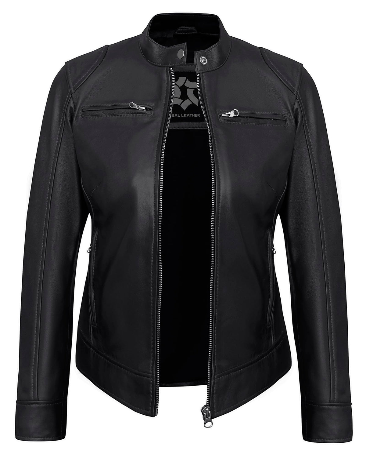 UrbanFocal DISC Womens Motorcycle Leather Jackets - Stylish Real Lambskin Black Leather Jacket Women | [101003104] Black Ddge, L