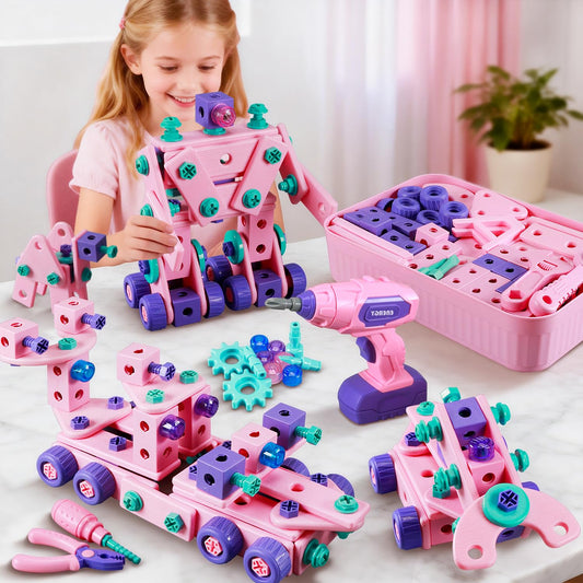 Pink Kids Tool Set for Girls,Toddler Tool Set with Drill &Toolbox,STEM Montessori Toys for 3 4 5 Year Old,Pretend Play Kid Toy,Educational Construction Toy for 3-6 Year Old Girl,Birthday Gift for Kids