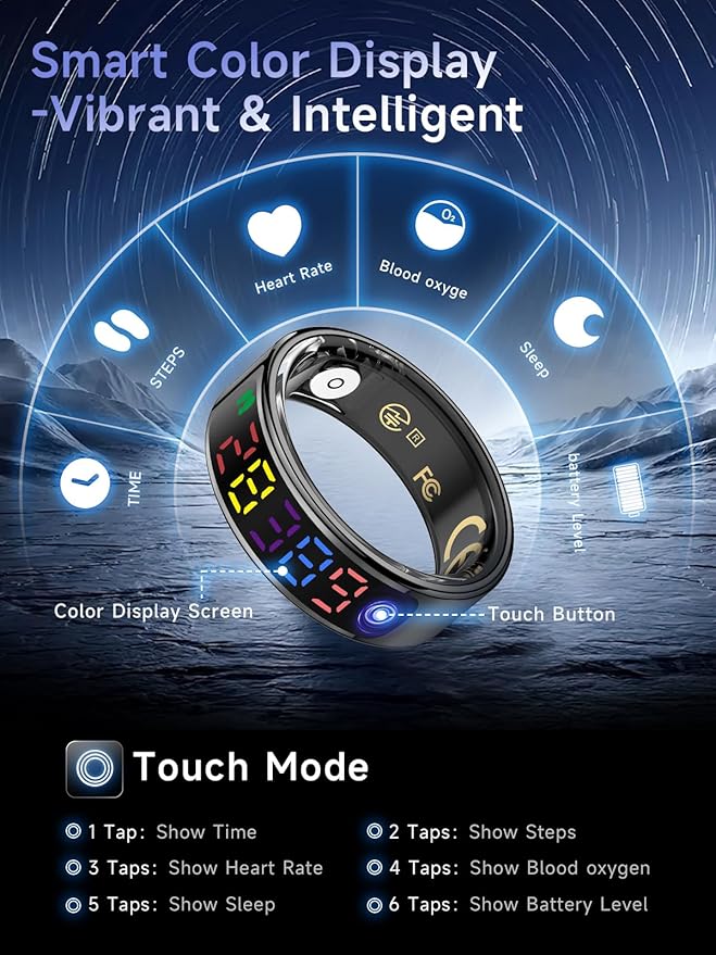 Smart Ring for Women Men, Health Ring with Colorful Display, Fitness Tracker with Heart Rate, Blood Oxygen, Sleep Monitor, No Subscription Fee, 5ATM Waterproof for iPhone & Android (Black, 11)