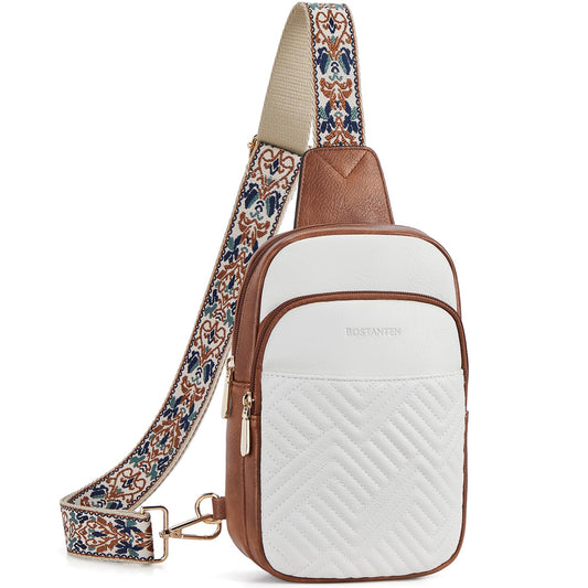 BOSTANTEN Sling Bag Quilted Crossbody Bags for Women Cross Body Purse Leather Fanny Pack with Adjustable Guitar Strap