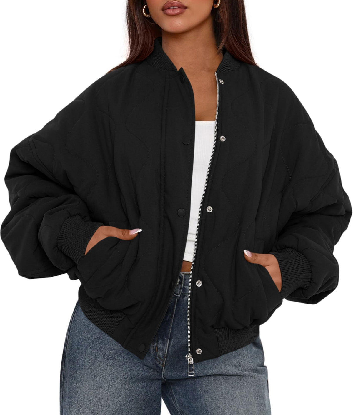PRETTYGARDEN Women's Quilted Bomber Jacket Fall Fashion 2026 Lightweight Cropped Zip up Outerwear Winter Puffer Coats Pockets (Black,Small)