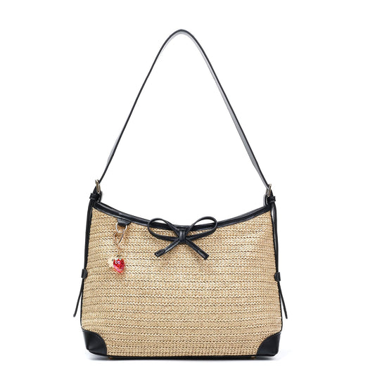 Herald Straw Woven Purse for Women, Summer Beach Hobo Raffia Crossbody Bag Shoulder Handbag Tote with Adjustable Strap (Black)