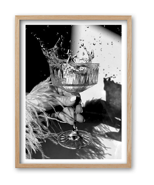 iHery 12x16in Natural OAK Wood Framed Black and White Champagne Wall Art, Vintage Bar Quality Canvas Cocktail Bar Cart Print, Alcohol Wall Decor for Living Room Set of 1