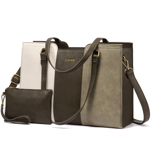LOVEVOOK 15.6 inch Laptop Tote Bag for Women - Waterproof Work Bag for Women & Vintage Computer Bag with Wristlet, Olive Green