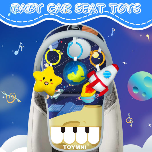TOYMNI Car Seat Toys for Baby Infant 6 Months and Up, Carseat Toys with Musical Pedal Piano, Baby Mirror and Hanging Squeaky Sensory Soft Baby Toys 6 to 12 Months, Baby Car Toys Rear Facing