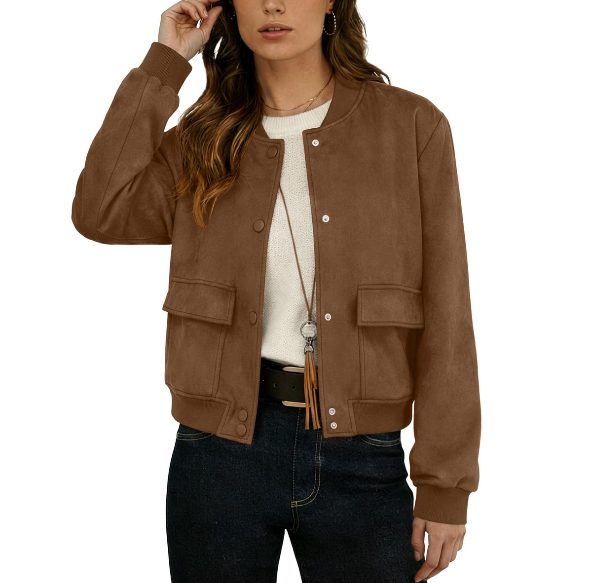 GRECERELLE Womens Bomber Jacket Cropped Button Down Varsity Jacket Long Sleeve Casual Outwear With Pockets (Dark Coffee, Medium)