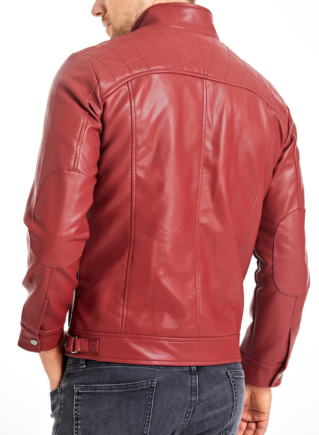 HOOD CREW Men’s Stand Collar Leather Jacket Casual Faux Leather Motorcycle Jacket Outerwear Coat with Zipper Pockets Red 4XL