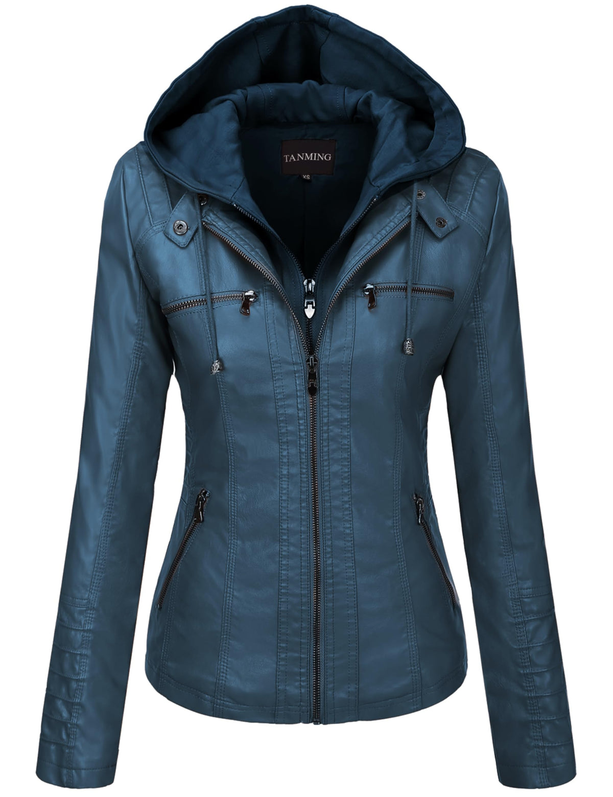 Tanming Womens Faux Leather Jacket Hooded Moto Biker Coat Outerwear Fall Fashion Outfits Winter Clothes(Blue-L)