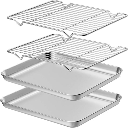 Wildone Baking Sheet Set - Stainless Steel Cookie Pan with Cooling Racks | 2 Sheets + 2 Racks, 12 x 10 x 1 Inch, Non-Toxic & Easy to Clean