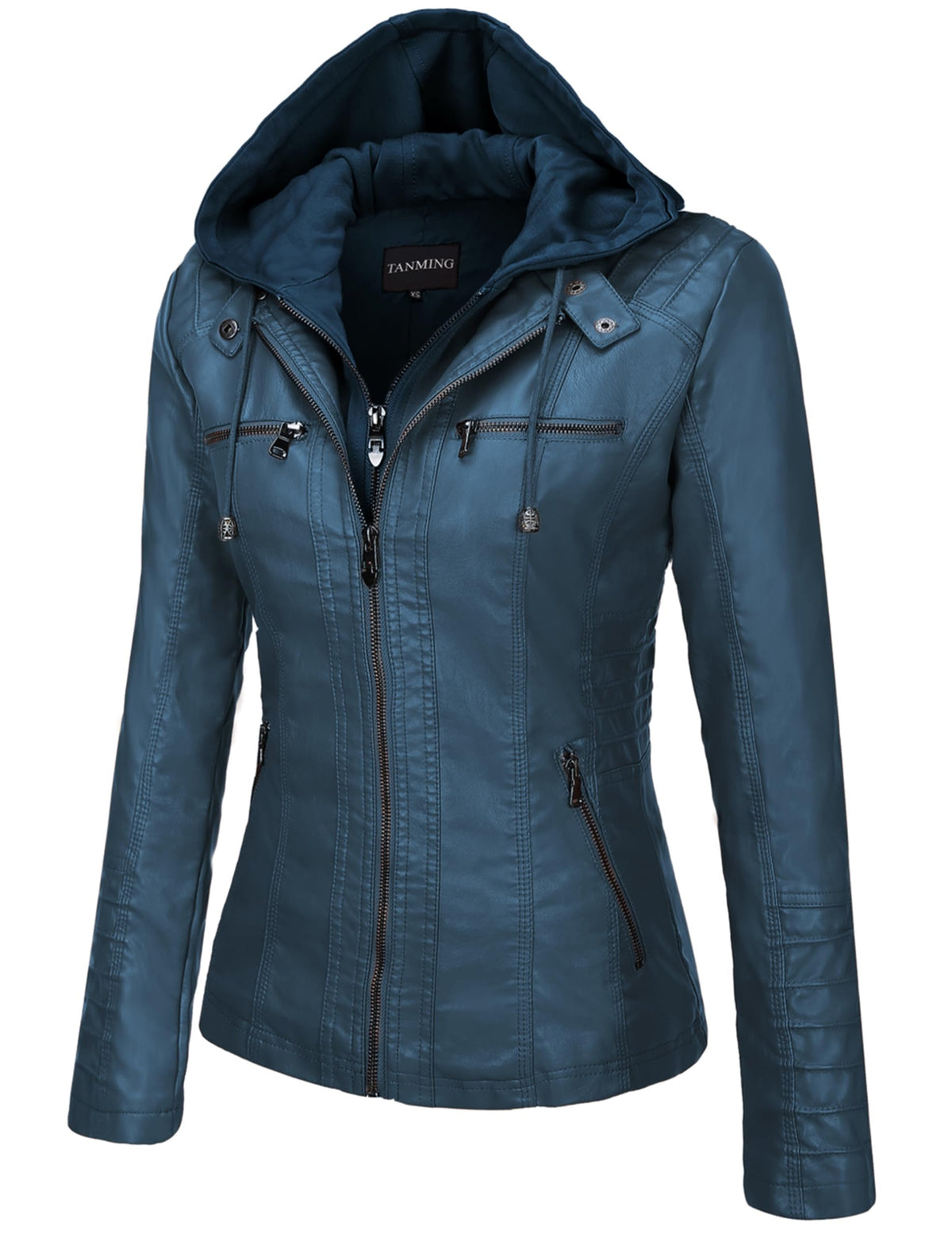 Tanming Womens Faux Leather Jacket Hooded Moto Biker Coat Outerwear Fall Fashion Outfits Winter Clothes(Blue-XXL)