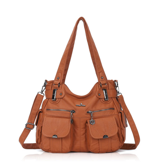 Angelkiss Women's Designer Handbag Large Double Zipper Multi Pocket Washed, Brown