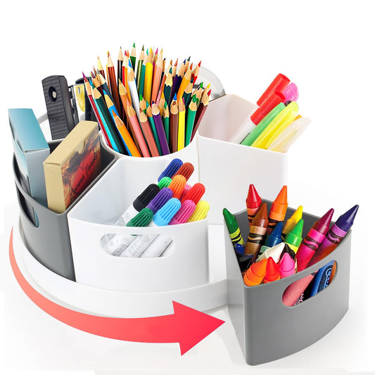 ZERUIDM Rotating Art Supply Organizer Storage Caddy for Kids, 7 Bins Craft Crayon Marker Organizers for School Desk, Lazy Susan Pencil Holder for Classroom Organizations (gray and white)