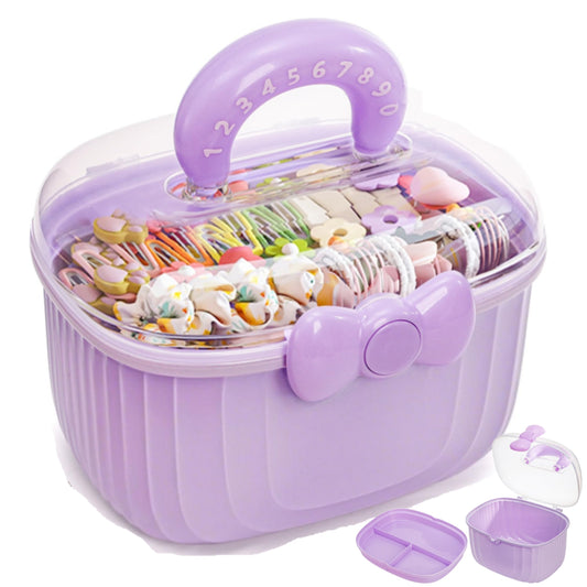 Noamus 10" Multipurpose Storage Box with Removable Tray, 2 Layer Cute Hair Accessories Organizer, Clear Plastic Folding Craft Case for Headbands, Sewing, Clips Ties Supplies, Purple