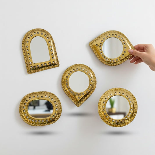 Set of 5 Small Decorative Wall Mirrors – Gold Brass Handmade Mirror Set | Round, Arch, Oval, Octagon, Eye Shapes | Living Room, Bedroom, Home Wall Decor (5, Rounded Edges)