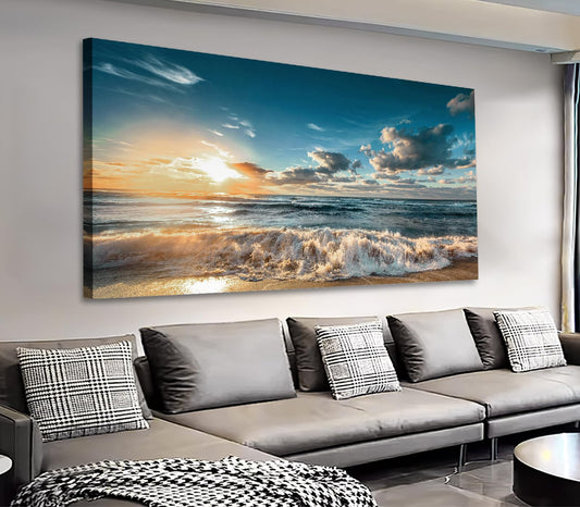 yearainn Sunset Beach Wall Art - Sea Beach Canvas Pictures Blue Ocean Wall Decor Coastal Waves Painting Nature Landscape Print Artwork for Living Room Bedroom Bathroom Home Office Decoration 24" x 48"