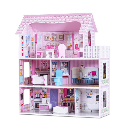 Honey Joy 3-Level Wooden Dollhouse with 8 Pcs Furniture, Pretend Play Kids Doll's House, Princess Mini Toy Playset, Gift for Little Girls (Pink, 2.5FT)