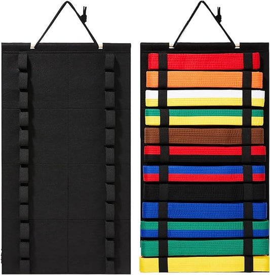 Karate Belt Display Rack 12 Belts Holder, High-Density Felt Fabric Taekwondo Belt Display with Reinforced Elastic LoopsTaekwondo, Martial Arts Belt Display Wall Mount Felt Foldable