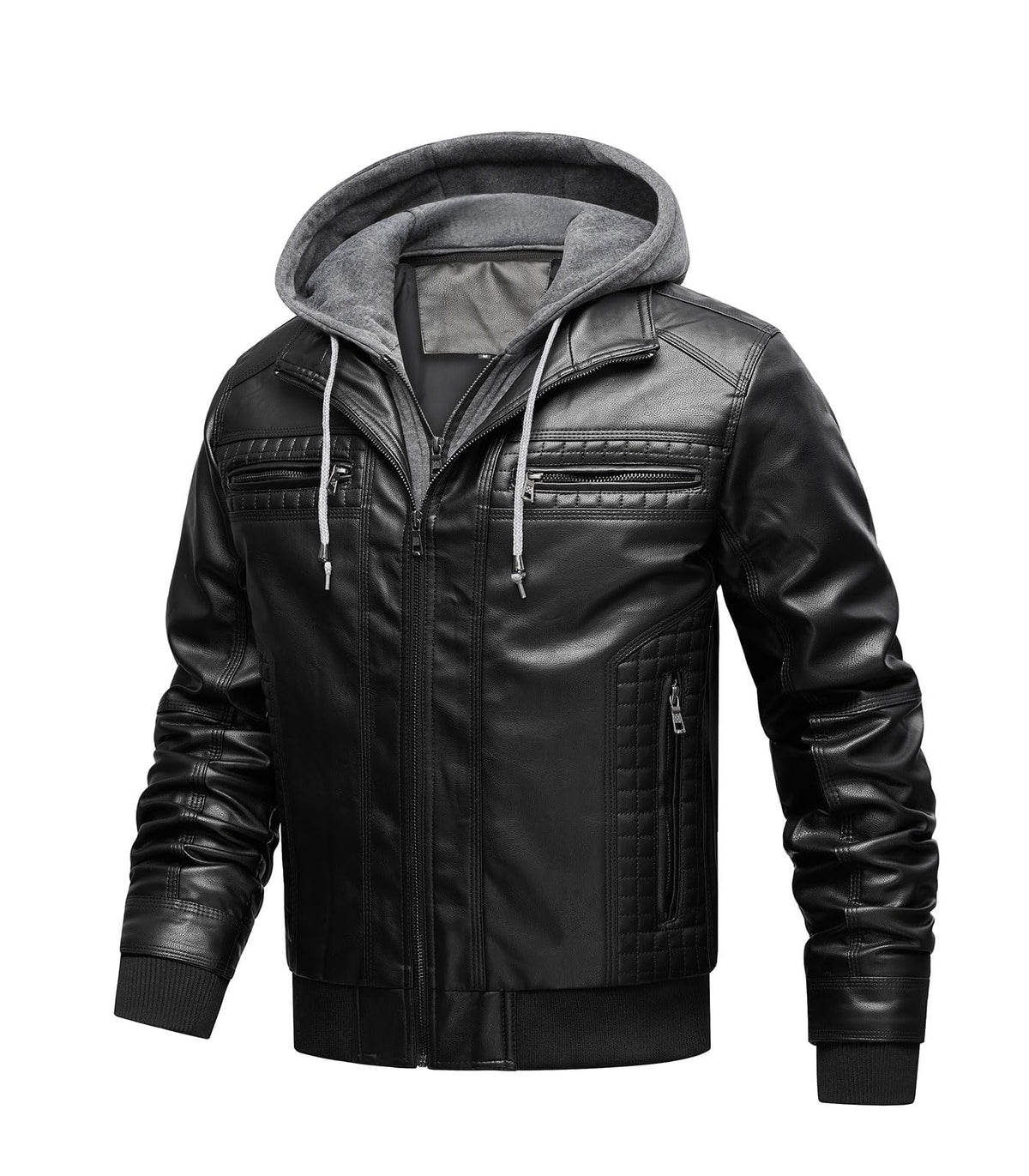 INVACHI Men's Leather Jacket Motorcycle Bomber Jacket Windproof PU Vintage Jacket with Removable Hood