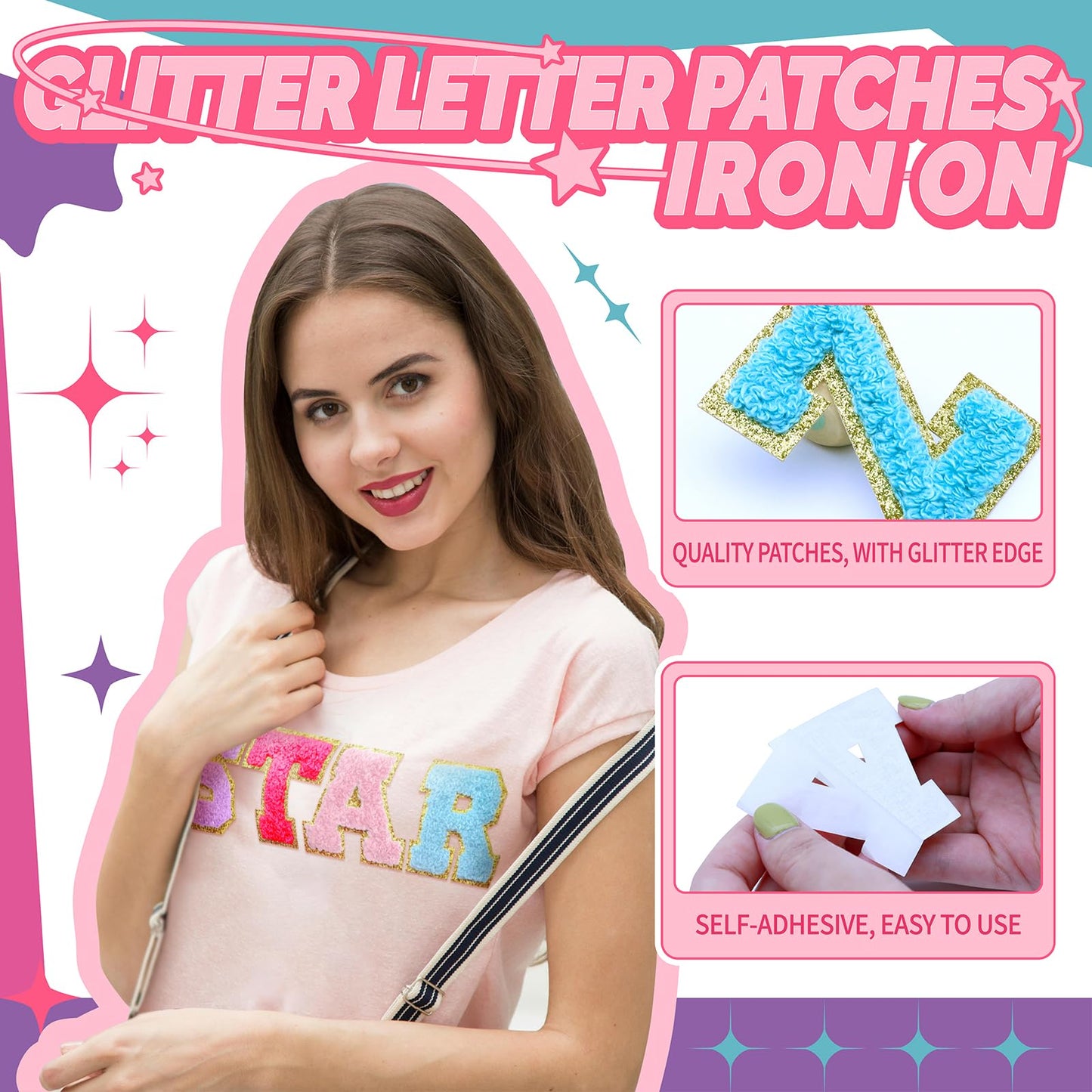 WNSIRVY 52 Pcs Chenille Letter Patches Self Adhesive Iron On Patches for Backpacks, 2.17 Inch Glitter Letter Stickers Preppy Varsity Chenille Patches for Clothing Jackets Hat Laptop (White Letters)