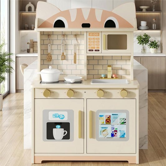 Wooden Play Kitchen for Ages 3-8 Babies, Cat Design Kitchen Playset with Microwave, Stove, Sink, Clicking Knobs, Kids Children Pretend Toy for Boys Girls, White